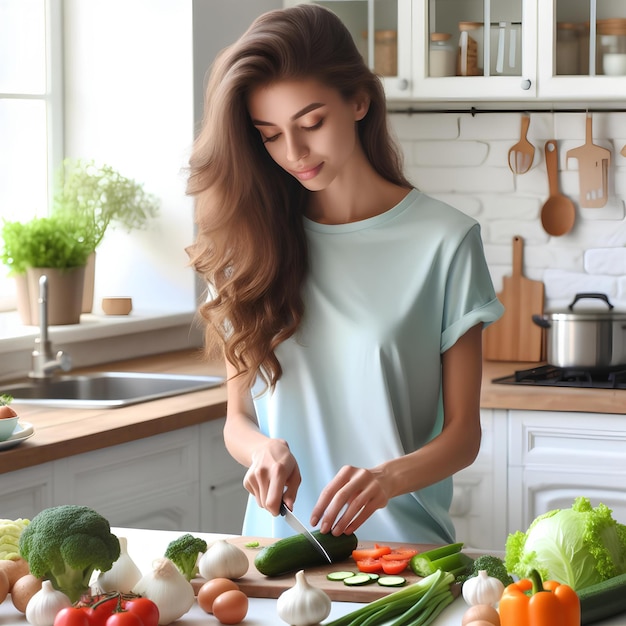 mulher de camisa azul pastel cozinhando vegetais na mesa na cozinha branca