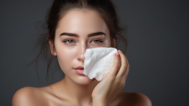 Foto mulher de camisa branca com toalha na cabeça e manchas nos olhos