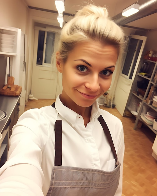 Mulher de camisa branca de pé na cozinha e fazendo uma selfie
