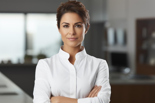 Foto mulher de camisa branca está de pé em frente ao balcão da cozinha