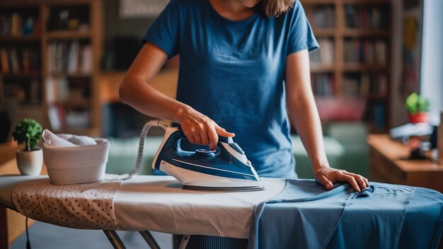 Mulher de camiseta azul a passar a ferro em casa