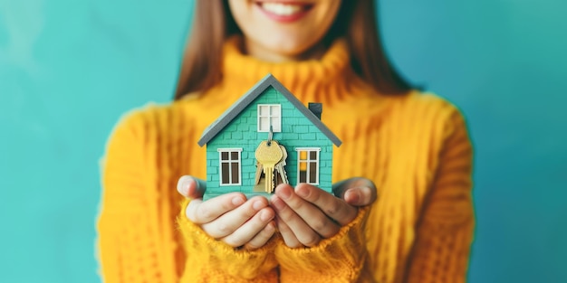 Mulher de camisola amarela apresentando uma casa em miniatura e chaves simbolizando a propriedade da casa