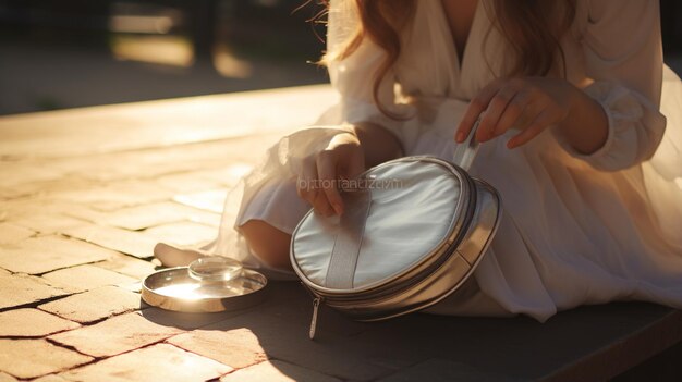 Foto mulher de camisola branca sentada no parque