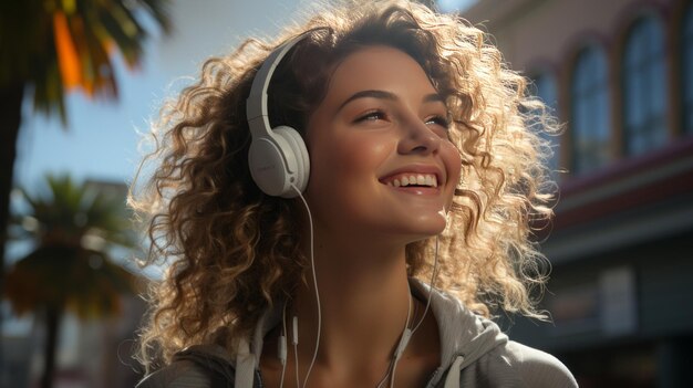 Mulher de camisola cinzenta ouvindo música em fones de ouvido