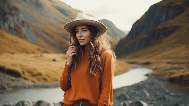 Mulher de camisola e chapéu laranja