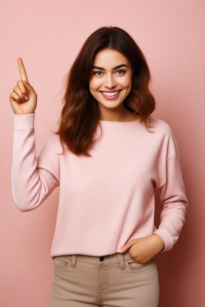 Mulher de camisola rosa aponta para a câmera IA generativa