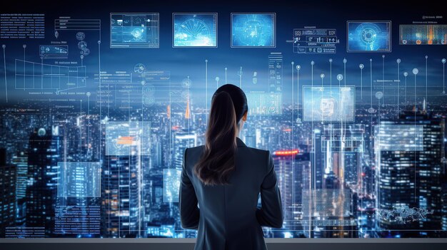 Mulher de carreira em frente a uma tela de alta tecnologia para o seu sucesso mídia mista IA generativa