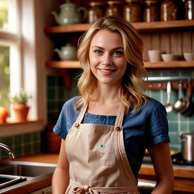 Mulher de casa sorridente usando avental na cozinha