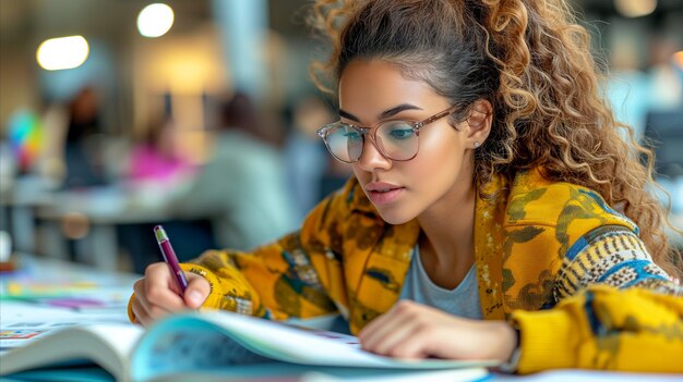 Mulher de casaco amarelo escrevendo em livro