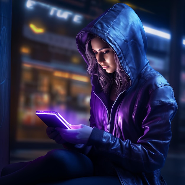 Mulher de casaco com capuz roxo a ler um livro ao estilo cyberpunk