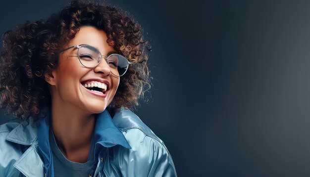 Foto mulher de casaco de denim e cabelo encaracolado com óculos rindo em fundo azul