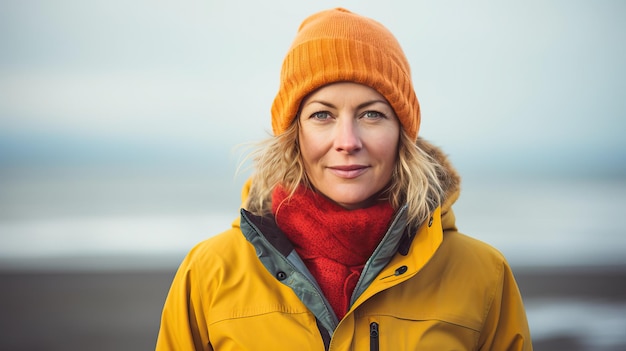 Mulher de casaco de inverno amarelo na praia de inverno