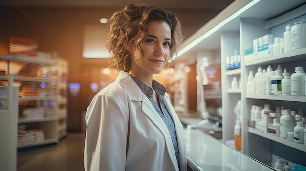 Mulher de casaco de laboratório branco de pé na farmácia Dia Mundial da Saúde