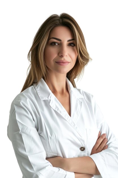 Foto mulher de casaco de laboratório branco posando para foto