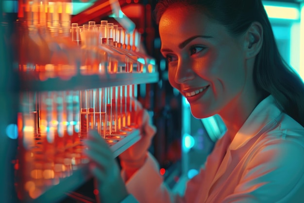 Foto mulher de casaco de laboratório olhando para a prateleira de tubos de ensaio adequados para conceitos de ciência e pesquisa