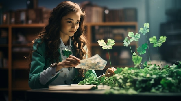 Mulher de casaco verde com um monte de dinheiro Dia de São Patrício