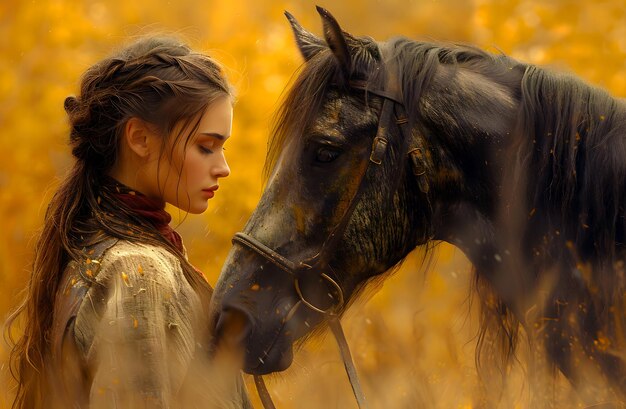 Mulher de cavalo de pé ao lado de um cavalo em um campo de flores amarelas