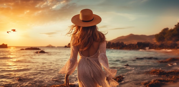 mulher de chapéu de pé na borda de uma praia