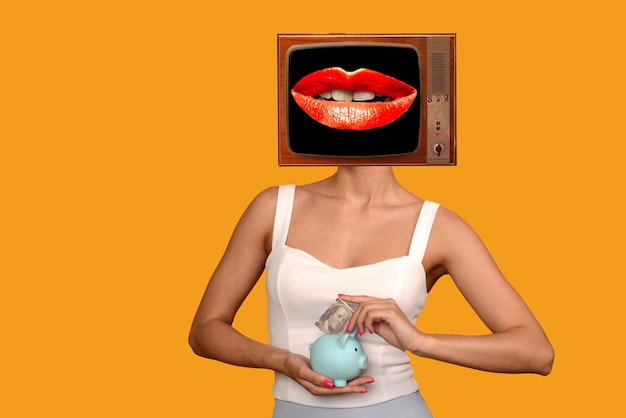 Mulher de colagem de arte contemporânea com tv velha em vez de mão de cabeça colocando 100 dólares em porquinho para economizar dinheiro, riqueza e conceito financeiro