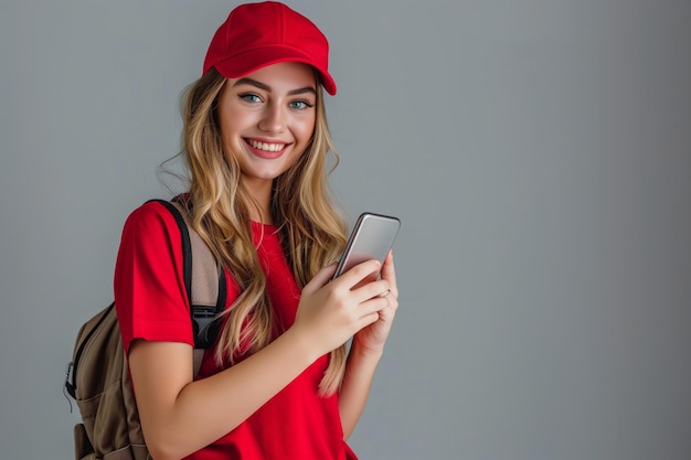 Mulher de correio com pacote em fundo claro