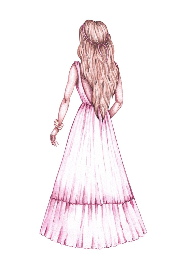 Mulher de costas em um vestido de noiva em um fundo branco Noiva de aquarela desenhada à mão com cabelo de noite Menina em um vestida com um trem para embalagem design cartões postais convites etc.