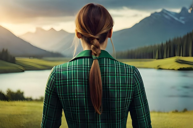 Mulher de costas vestindo camisa xadrez verde