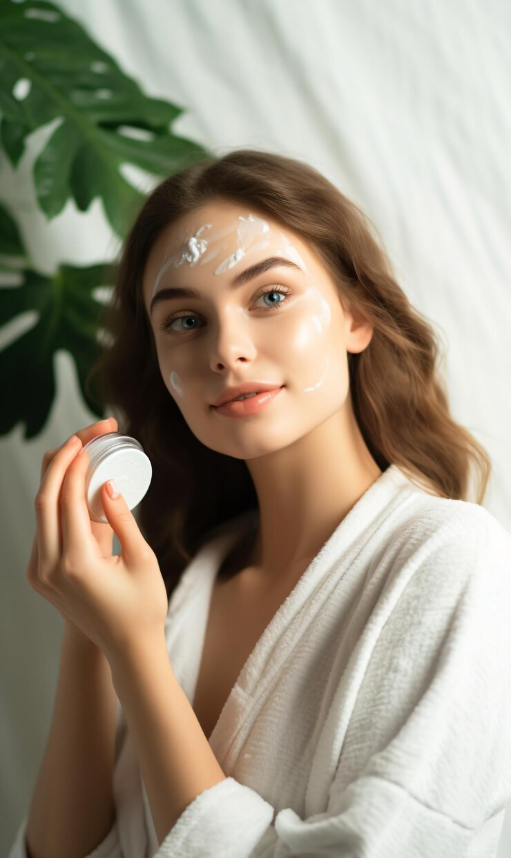 Mulher de cuidados com a pele saudável aplicando creme facial em retrato de estúdio