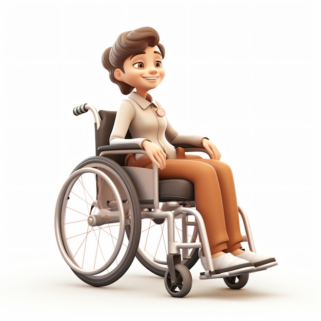 Foto mulher de desenho animado 3d sentada em uma cadeira de rodas isolada em branco
