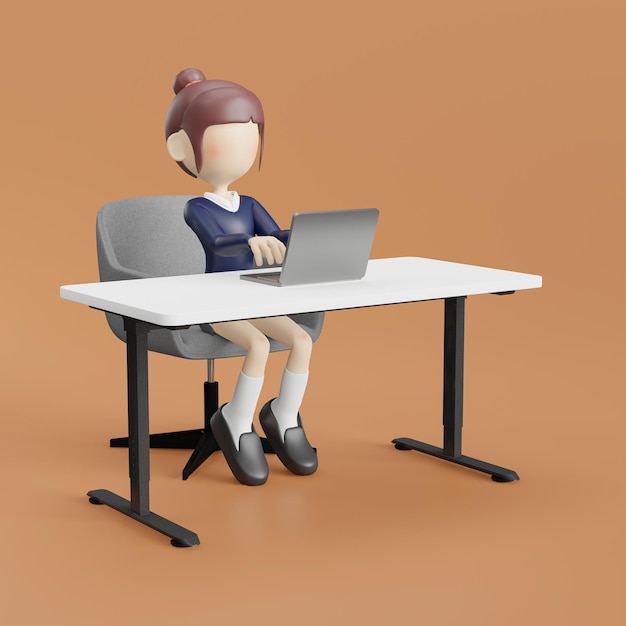 Mulher de desenho animado 3d sentada na cadeira com ilustração de laptop isolada no fundo branco