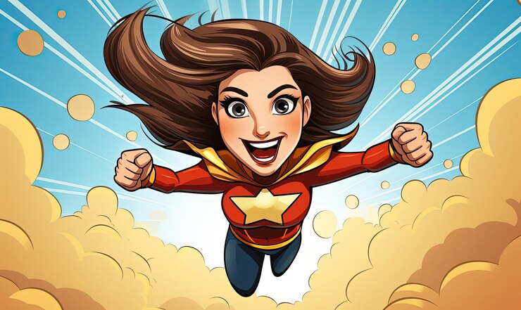 Foto mulher de desenho animado bonita voando como um super-herói no estilo de creative commons atribuição