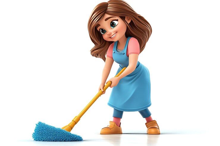 Mulher de desenho animado em 3D gosta de limpar o chão com entusiasmo