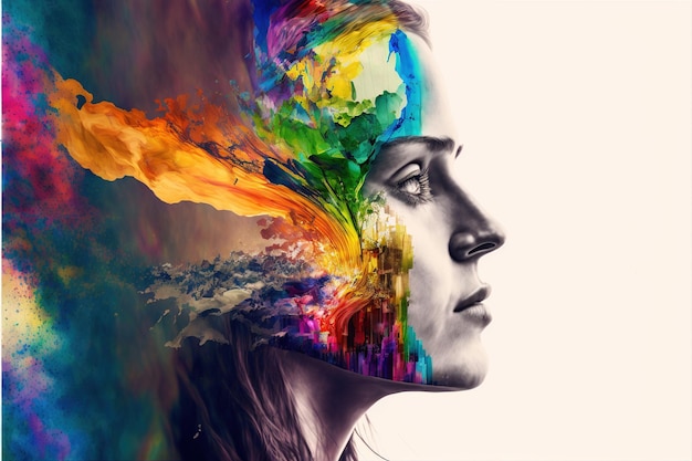 Mulher de dupla exposição com fumaça de cor vívida do arco-íris para mente positiva