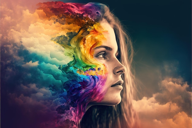 Mulher de dupla exposição com fumaça de cor vívida do arco-íris para mente positiva