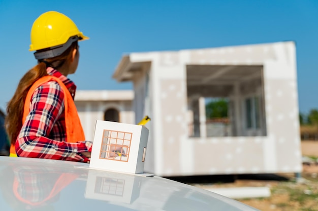 Foto mulher de engenharia e arquiteto trabalhando com modelo de casa no canteiro de obras.