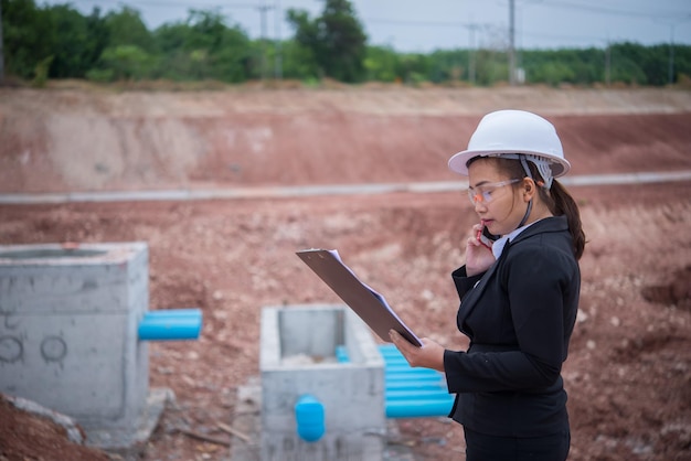 Mulher de engenheiro trabalhando no local da ponte em construção