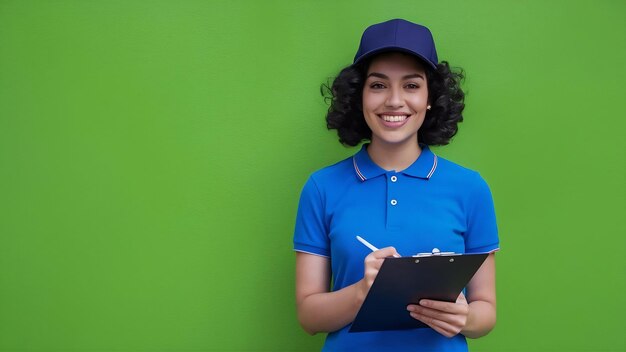 Foto mulher de entrega jovem com cabelo encaracolado vestindo camisa polo azul e boné de pé com lookin de clipboard