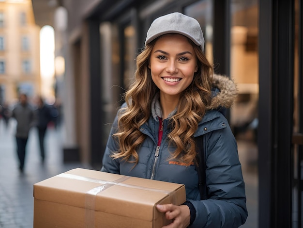 Foto mulher de entrega sorridente com chapéu e jaqueta segurando uma caixa de papelão na rua