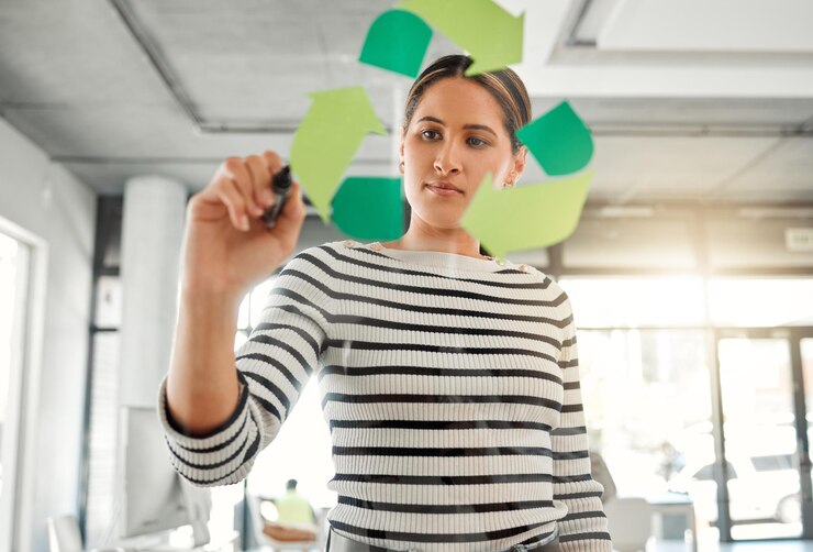 Foto mulher de escritório e marcador com logotipo de reciclagem na parede de vidro para meio ambiente e ecologia ecológicos empregado de negócios e sério com brainstorming ou planejamento para verde e sustentabilidade