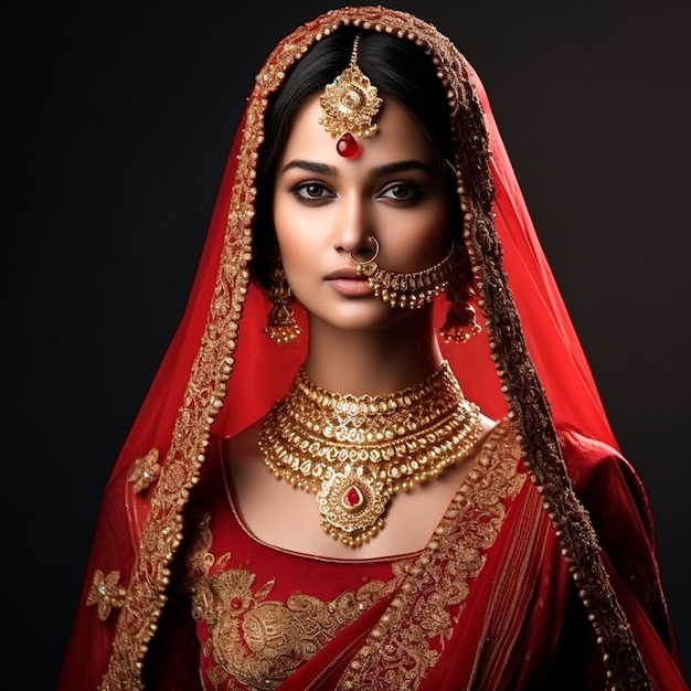 Mulher de etnia indiana vestindo trajes tradicionais de noiva vermelhos e cobrindo a cabeça