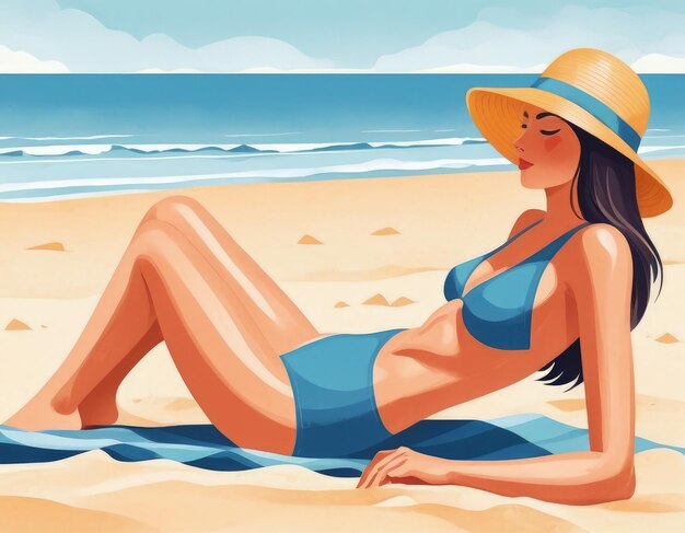 Mulher de fato de banho e chapéu na praia Ilustração vetorial ai generativa