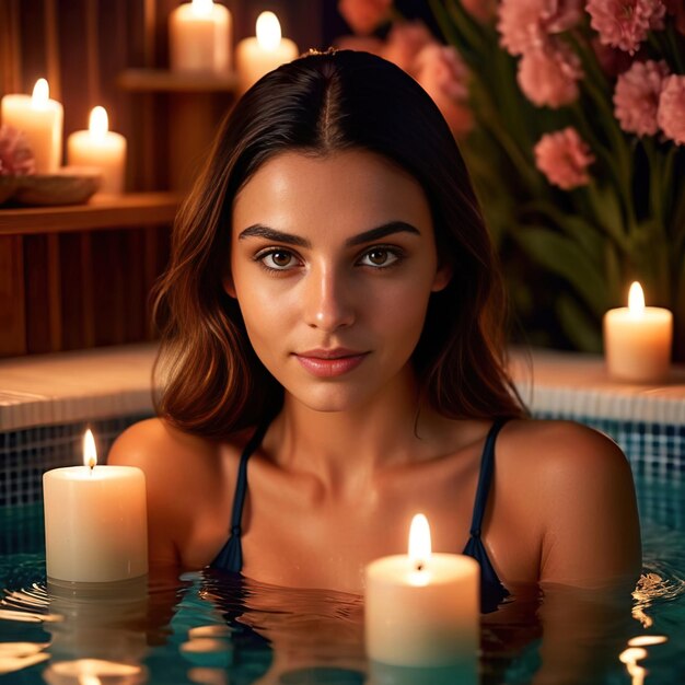 Mulher de fato de banho relaxando na piscina do spa com velas e flores desfrutando do meu tempo