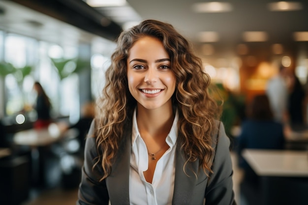 Mulher de fato de pé e com um sorriso AI gerativa