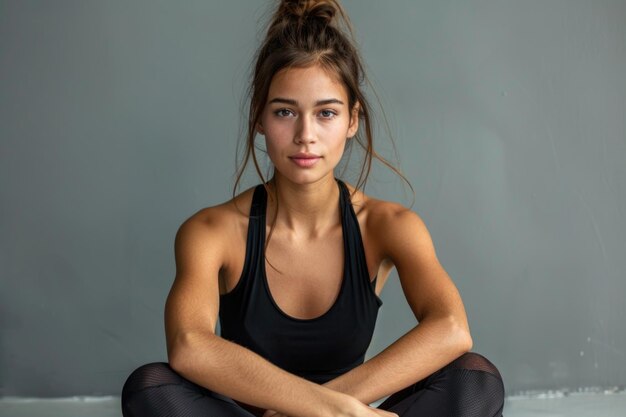 Mulher de fitness esticando no chão no estúdio olhando para a câmera