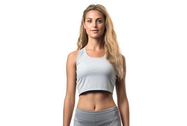 Mulher de fitness loira em roupas esportivas olhando para a câmera em fundo branco