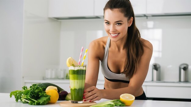 Mulher de fitness preparando um suco de desintoxicação