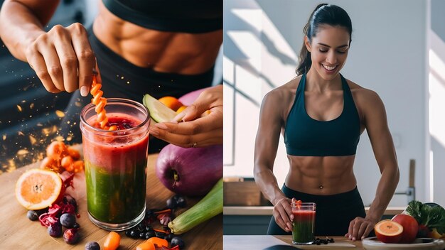 Mulher de fitness preparando um suco de desintoxicação