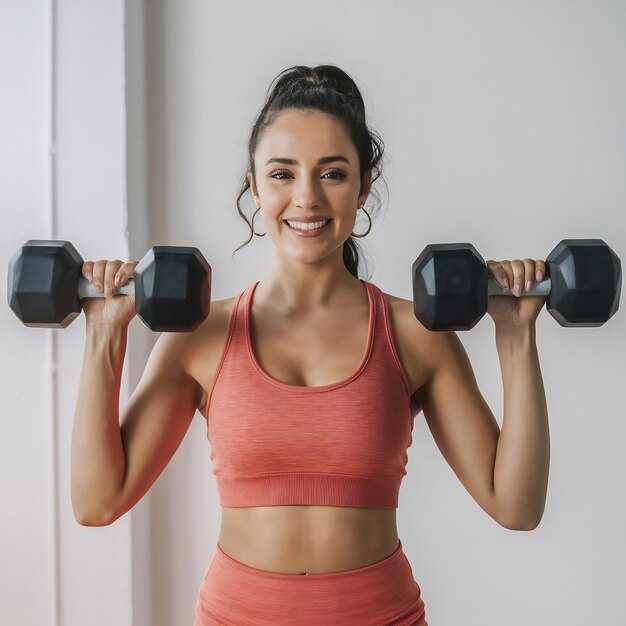 Mulher de fitness sorridente se exercitando com pêndulos isolados em fundo branco