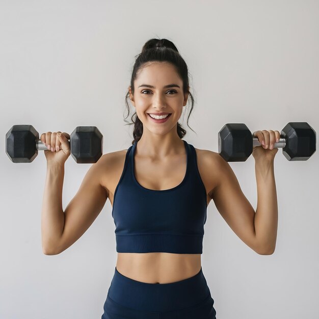 Mulher de fitness sorridente se exercitando com pêndulos isolados em fundo branco