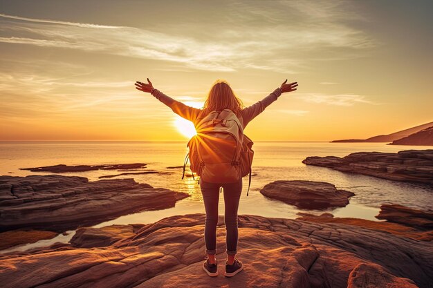 Foto mulher de forte confiança com mochila com os braços erguidos relaxando no pôr-do-sol à beira-mar