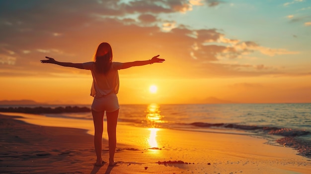 mulher de forte confiança de braços abertos sob o nascer do sol à beira-mar